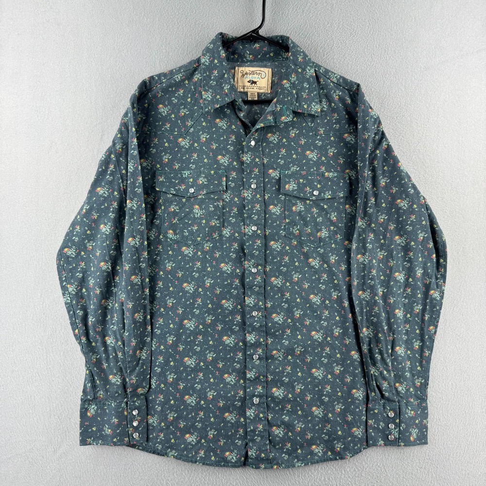 Western Aloha Shirt Mens 2XL Blue Floral Pearl Snap Western Cotton Made in USA